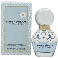Clear glass bottle with white floral design, gold cap, and blue liquid; Marc Jacobs Daisy Dream Eau de Toilette 30ml.