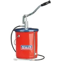Red Sealey heavy-duty bucket greaser with blue lid, hand lever, and attached hose, featuring a Sealey logo.
