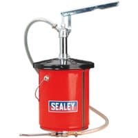 Red Sealey chassis lube filler pump with metal handle and hose, 12.5kg capacity, black lid with Sealey logo.
