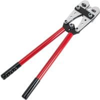 Sealey copper lug crimping tool with red handles and silver jaws, designed for 10-120mm² terminals.