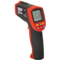 Red and black Sealey infrared laser digital thermometer with LCD display and control buttons.