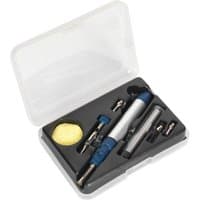 Sealey Micro Butane Torch Kit with blue and silver torch, various nozzles, sponge, in a clear plastic case.
