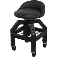 Black Sealey creeper stool with pneumatic adjustable height, swivel seat, backrest, and caster wheels.