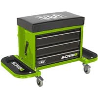 Hi-Vis green Sealey mechanic's utility seat with black cushioned top, three drawers, and side trays on caster wheels.