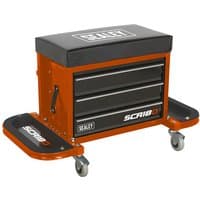 Orange Sealey mechanic's utility seat with black cushioned top, three drawers, and side trays on wheels.