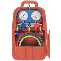Red Sealey air conditioning manifold with sight glass, dual gauges, colored valves, and hoses in a compact case.