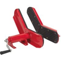 Red Sealey wheel clamp with rubber grip pads and a black handle for motorcycle lifts.