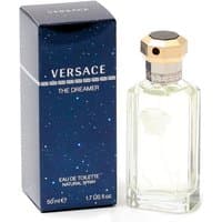 Clear glass bottle with gold cap, Versace The Dreamer Eau de Toilette 50ml, next to blue starry box.