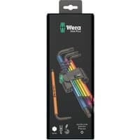 Wera Hex Key Set with nine multi-colored L-shaped keys, sizes 1.5-10mm, in a black holder.