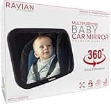 RAVIAN baby car mirror, shatterproof, adjustable, black frame, shows baby in rear-facing car seat, 360-degree view.