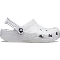 White Crocs Kids Classic Clog, Infant size 2, with ventilation holes, heel strap, and textured sole.