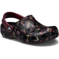 Black Crocs Kids Classic Graphic Clog with floral pattern and maroon heel strap, size 1.