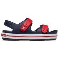 Navy Crocs Kids Crocband Play Sandal with red straps, white sole stripe, and perforated toe area, Size: Infant 2.