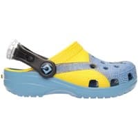 Black Crocs toddler clogs with "Despicable Me" theme, featuring Minion graphics and adjustable heel strap, size Infant 5.