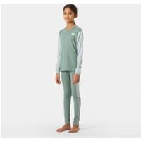 Green Helly Hansen Junior Lifa Active Base Layer Set with long sleeves and pants, contrasting light grey sleeves.