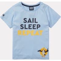 Blue Helly Hansen kids' T-shirt with "Sail Sleep Repeat" text and penguin graphic, short sleeves, organic cotton.