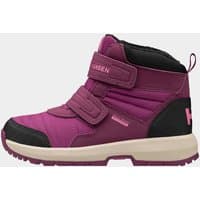 Purple Helly Hansen kids waterproof boots with Velcro straps, black accents, and white sole.