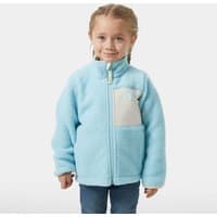 Blue Helly Hansen kids' pile jacket with high collar, front zipper, and white chest pocket.