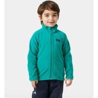 Green Helly Hansen kids fleece jacket with zip, high collar, and HH logo on chest, worn by a child.
