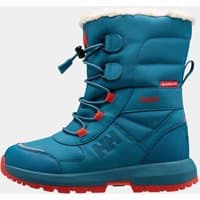 Blue Helly Hansen kid's waterproof boots with red accents, lace-up front, and faux fur lining.