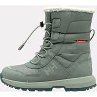 Green Helly Hansen kid's waterproof boots with lace-up front, padded ankle, and fleece lining, size 12.