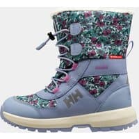 Purple Helly Hansen kid's waterproof boots with floral pattern, lace-up front, and beige sole.