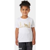 White Helly Hansen kids' T-shirt with gold animal and tree graphic, short sleeves, worn by a child.