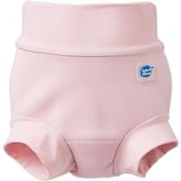 Pale pink reusable swim nappy with almond blossom design, featuring a snug waistband and leg cuffs, size 4-5 years.