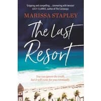"The Last Resort" book cover with stormy sky, beach scene, and palm trees, by Marissa Stapley.