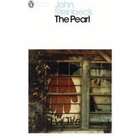 "The Pearl" book cover with rustic window, red handprint graffiti, and wooden beams, by John Steinbeck.