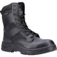 Black Amblers men's hi-leg waterproof safety boots with lace-up front, padded collar, and rugged sole, metal-free design.