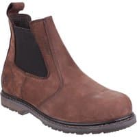Brown leather pull-on dealer safety boot with black elastic side panels and rugged sole.