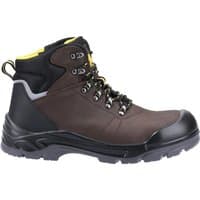 Brown leather safety boot with black toe cap, yellow lining, metal eyelets, and rugged sole, size 7.