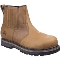Brown Amblers Safety boot, slip-on style with elastic side panels, reinforced toe, and rugged black sole, size 11.