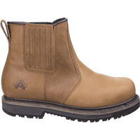 Tan Amblers Safety boot, slip-on style, with elastic side panels, pull tab, and rugged black sole, size 9.