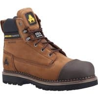 Brown Amblers Safety boot with black reinforced toe, padded collar, and yellow logo on tongue, size 11.