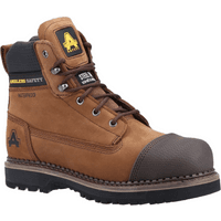 Brown leather Amblers Safety boot with reinforced toe cap, black padded collar, and lace-up front, size 6.