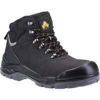 Black leather safety boot with yellow logo, metal eyelets, padded ankle, and thick treaded sole.