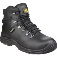 Black Amblers Safety boot with Poron Xrd, internal metatarsal guard, lace-up front, and rugged sole, size 3.