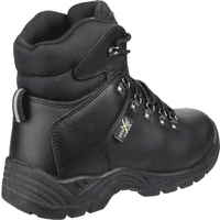 Black Amblers Safety boot with Poron XRD metatarsal guard, lace-up front, padded collar, and rugged sole, size 8.