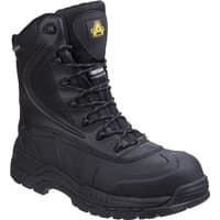 Black Amblers Safety hi-leg waterproof boot, metal-free with reinforced toe, lace-up front, and rugged sole, size 13.
