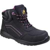 Black Amblers Safety boot with pink accents, composite toe, side zip, padded collar, and lace-up front, size 7.