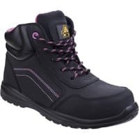 Black Amblers Safety boot with pink stitching, composite toe, side zip, and padded ankle, size 9.