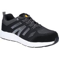 Black Amblers Safety trainer with white sole, mesh upper, and reinforced toe, size 6, by Footsure Western Limited.