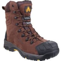 Brown Amblers Safety boot, high-leg design, reinforced toe, black rubber sole, yellow accents, lace-up front.