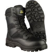 Black Amblers hi-leg waterproof combat boots, metal-free, with lace-up front and rugged slip-resistant soles.
