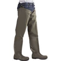 Green Amblers thigh safety wader, size 10, with reinforced boots and adjustable waist straps.