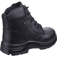 Black leather Amblers Safety boot, size 10, with padded collar, lace-up front, and reinforced sole.