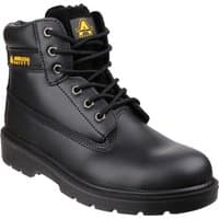 Black leather Amblers Safety boot, size 12, with padded collar, lace-up front, and yellow logo on the side.