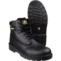 Black Amblers Safety boot, size 15, with yellow logo, padded collar, metal eyelets, and rugged slip-resistant sole.